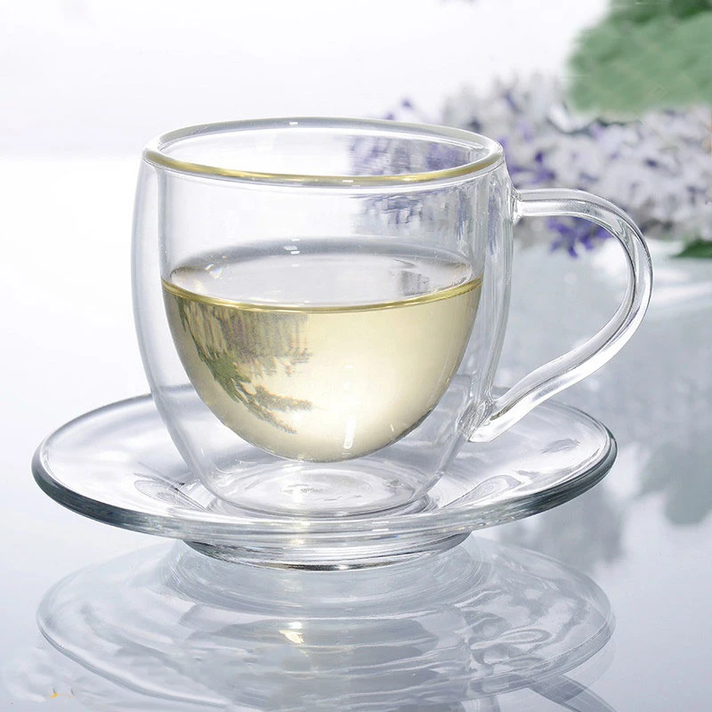 
modern reusable thermo insulated glass tea cups set with saucer 