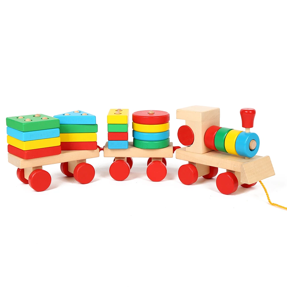 New arrival stock kids toys train educational pull cart wooden block train pull push toys