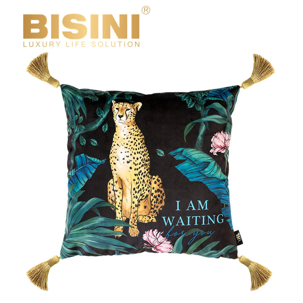 American style Forest Restaurant Sofa Square Cushion Short Furry Comfortable Leopard Pillow Cover with tassels(BY12-B10016)