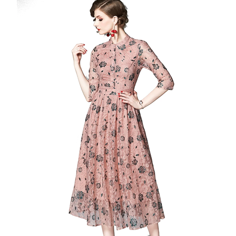 
European and American Women New Lace Dress Stand Collar Button Front Roses Pattern Lace Dress 