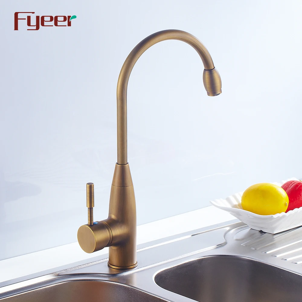 Fyeer Brass Body Ceramic Core Valve High Arc Antique Brass Kitchen Sink Faucet