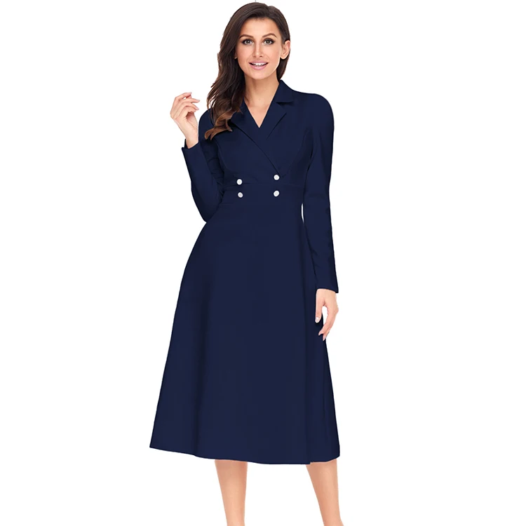 
Hot selling Ladies Vintage Button Collared Fit-and-flare Office Dress 