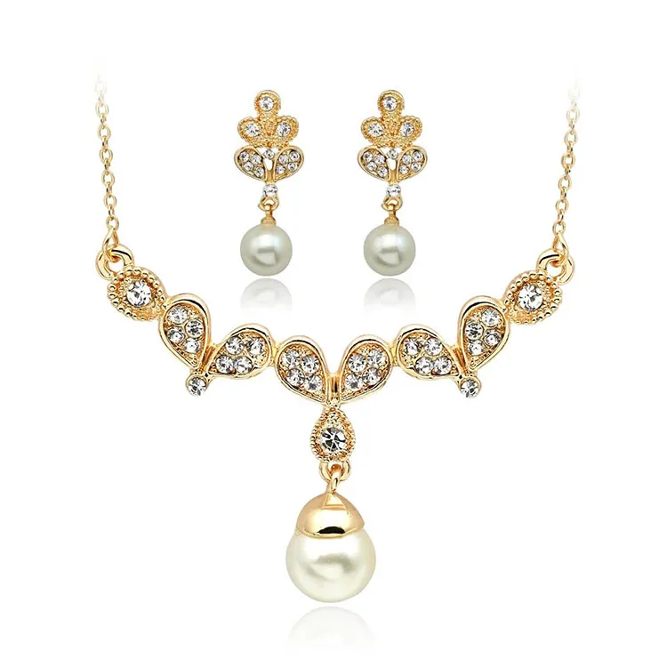 Оптовая продажа Мода AAA кубического циркония позолоченный жемчуг кулон комплект ювелирных изделий серьги и ожерелье