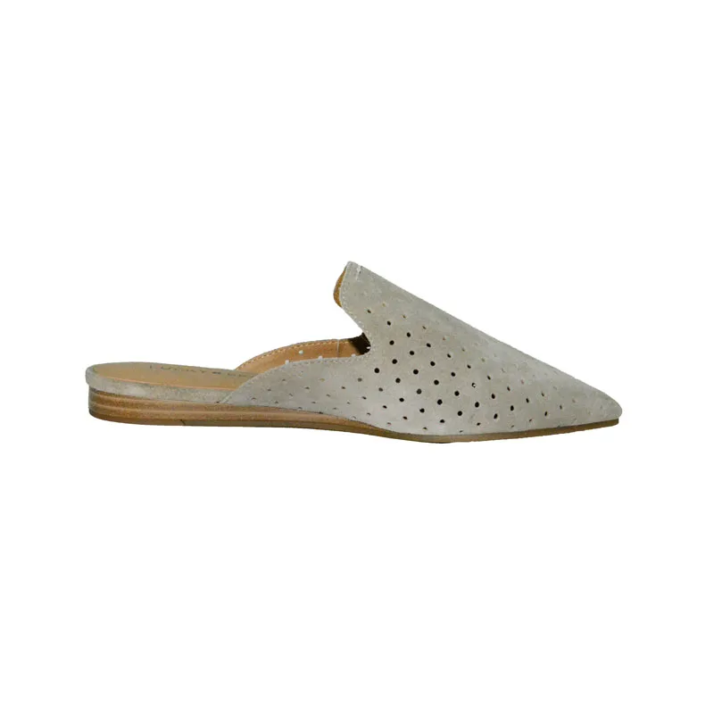 
Wholesale cow suede leather laser hole upper pointed toe and leather stacked low heel mules and slippers for women 2019 