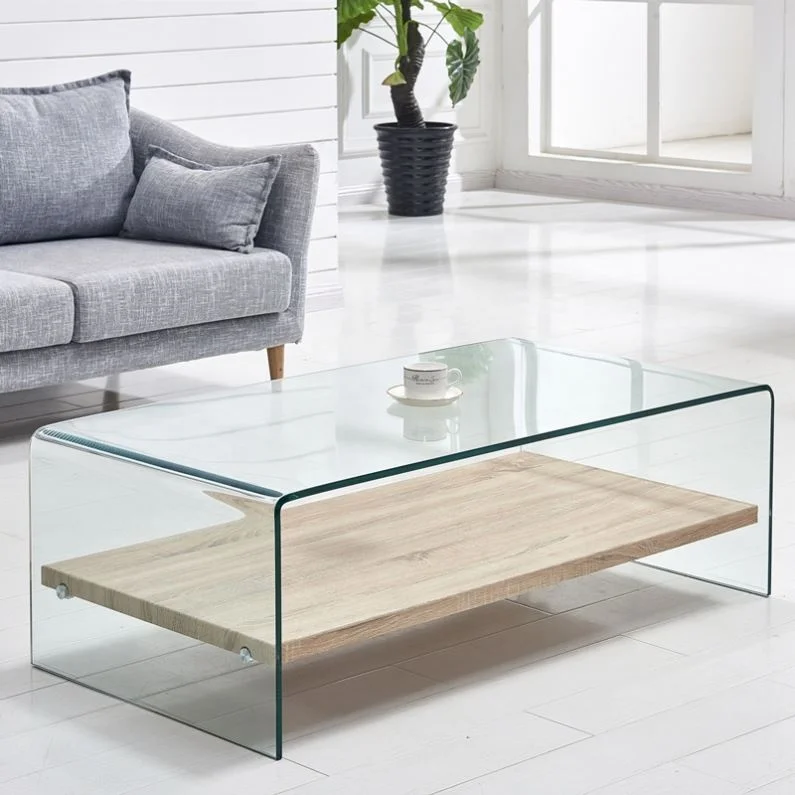 
New design 2 Tiers MDF shelf hot bent clear glass centre tables/coffee tables/tea table from china factory wholesale 
