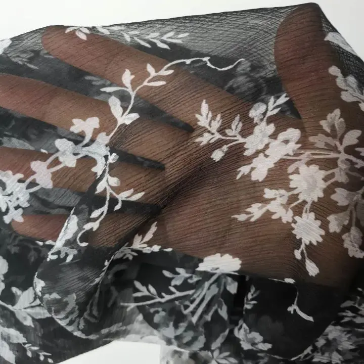 Pure silk organza Crinkle Printed Floral Crinkle Silk wedding Organza Fabric