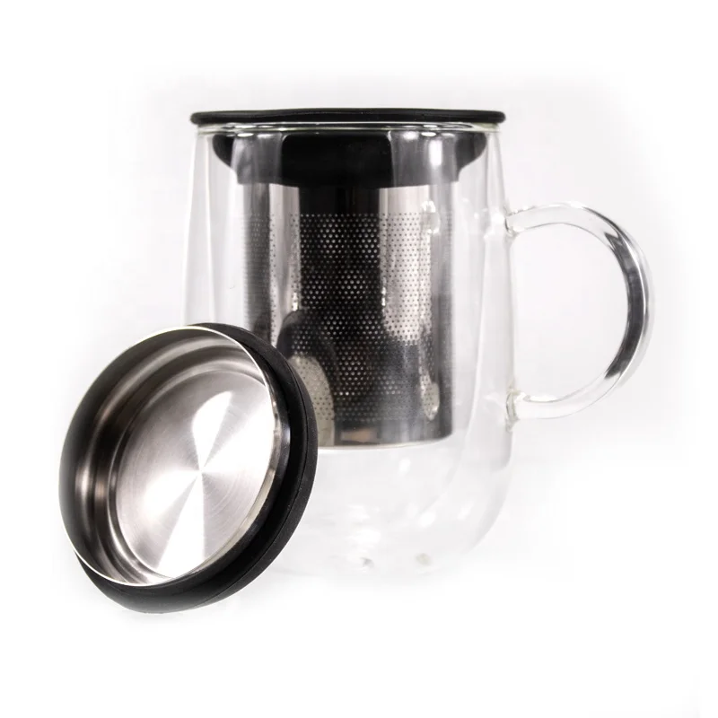 Double Wall Borosilicate Heated Handmade Glass With 304 Filter Coffee Tea Mug