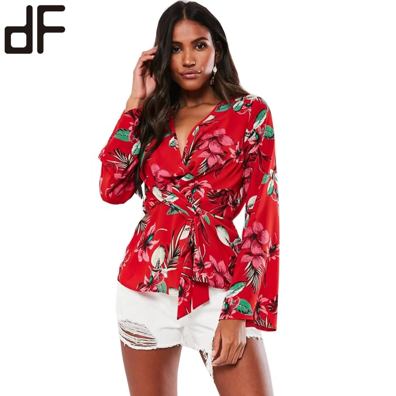 Custom Long Sleeve Blouse For Women Casual Fashion Office Ladies Wear Blouse V Neck Modern Red Floral Blouse