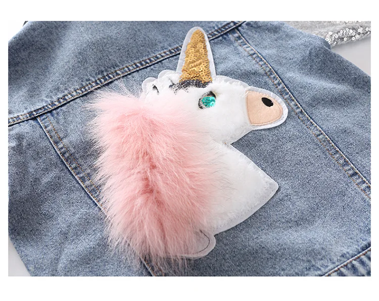 Unicorn Denim Jacket for Girls Coats Children Clothing Autumn Baby Girls Clothes Outerwear Sequined Jean Jackets for Child Girls
