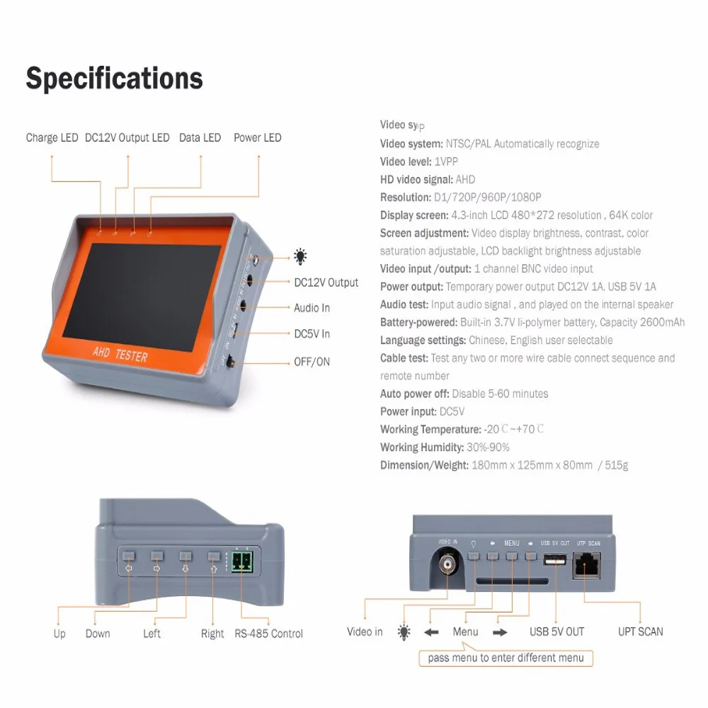 1080P 4.3-Inch LCD Screen Portable CCTV Tester Pro 2 In 1 For AHD CVBS Analog Camera Security Monitor