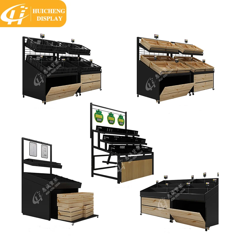 Customized Retail store wooden fruit vegetable display rack storage shelf with basket