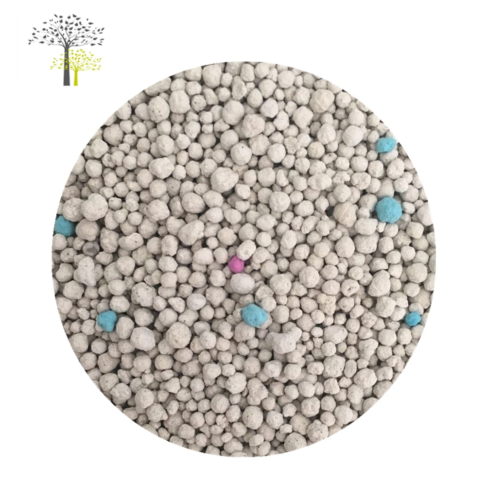 Granular colored clumping mineral cat sand with fruit scent