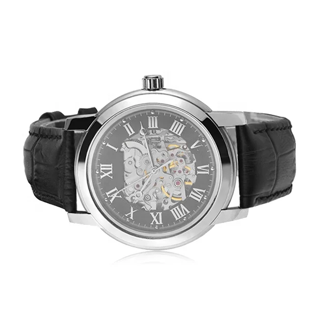 Luxury  Men Leather Watch Stainless Steel Skeleton Automatic Watch