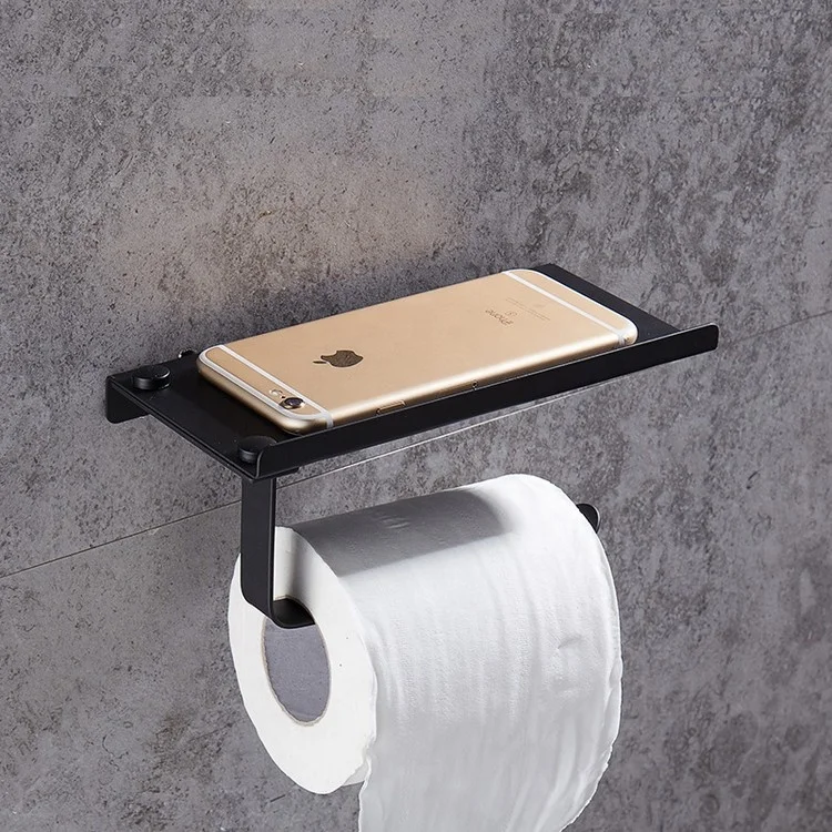 Kitchen Bathroom Stainless Steel Wall Mounted Black Toilet Tissue Paper Towel Box Roll Holder with Phone Storage Shelf