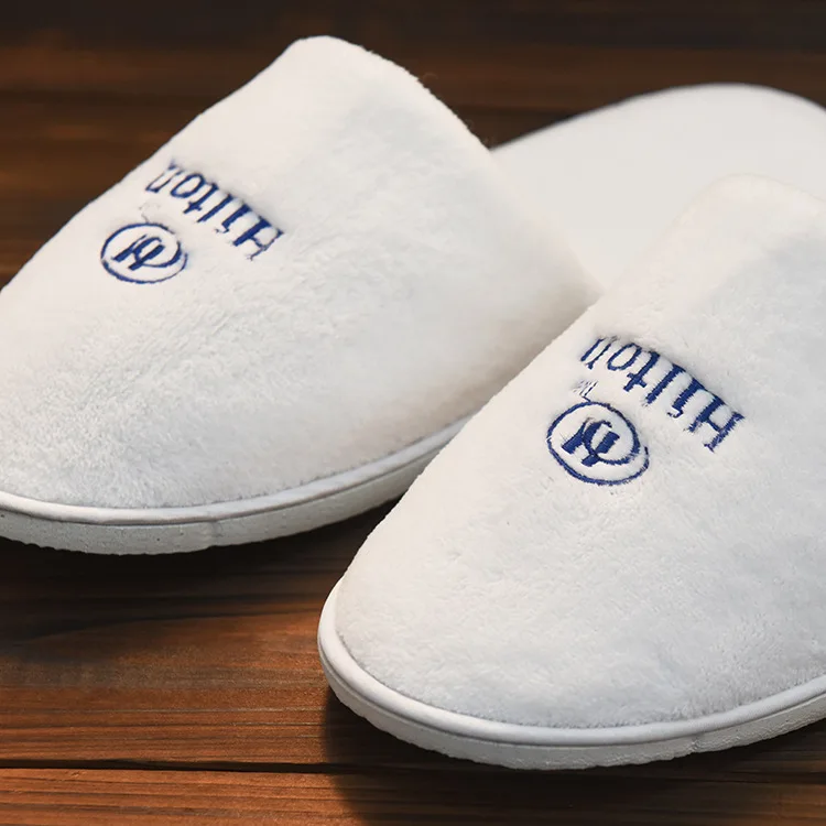 Wholesale Custom Logo White Coral Fleece Eva Sole Hotel Disposable Slippers