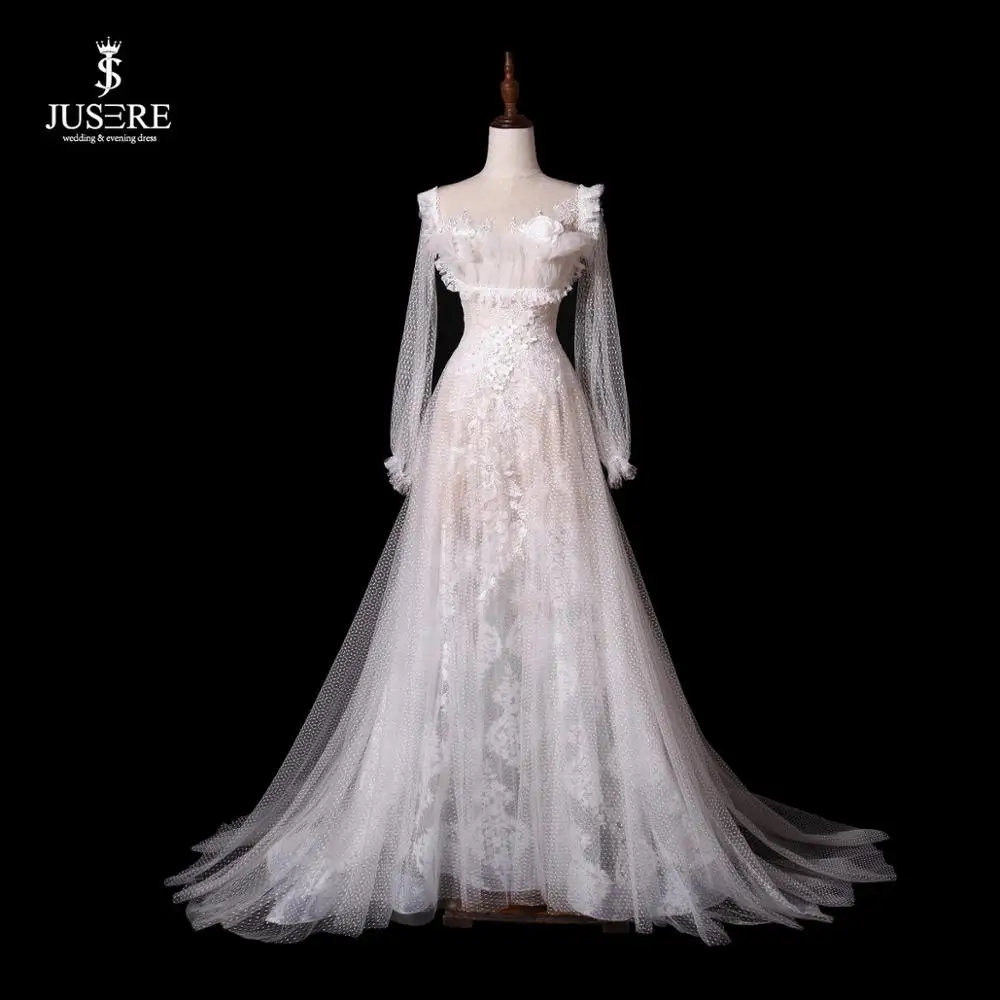 Lace up back bride dress Ivory wedding dress with sweep train A-Line long sleeves lace bride gown