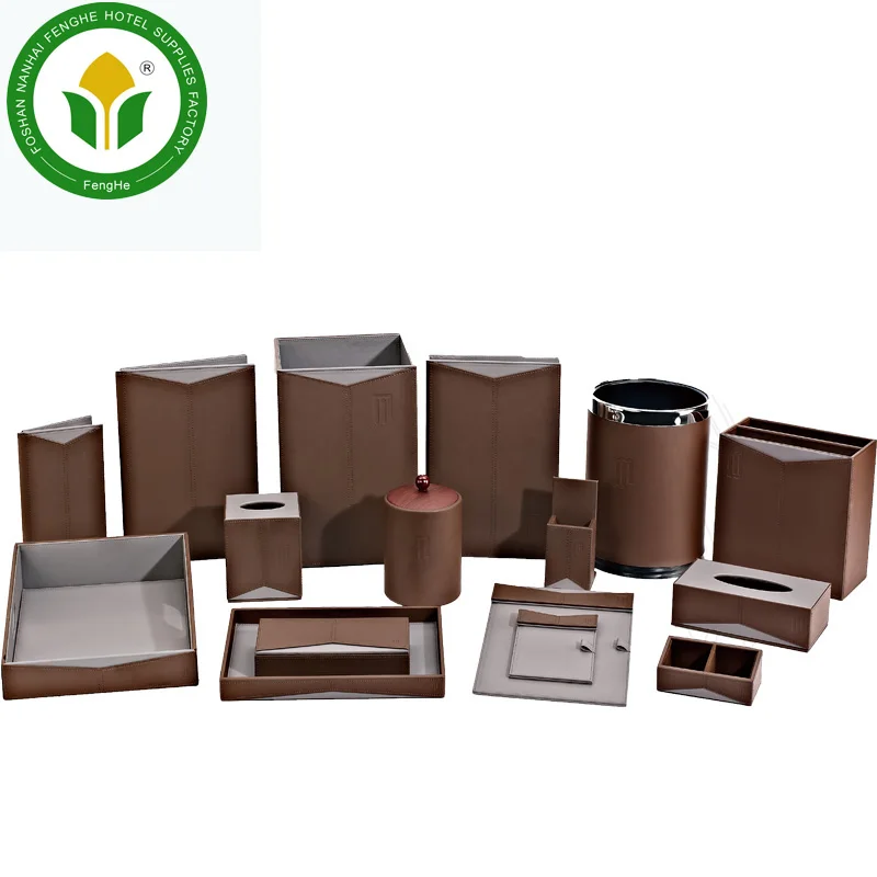 Hot sale hotel dark brown leather amenity set hotel accessories