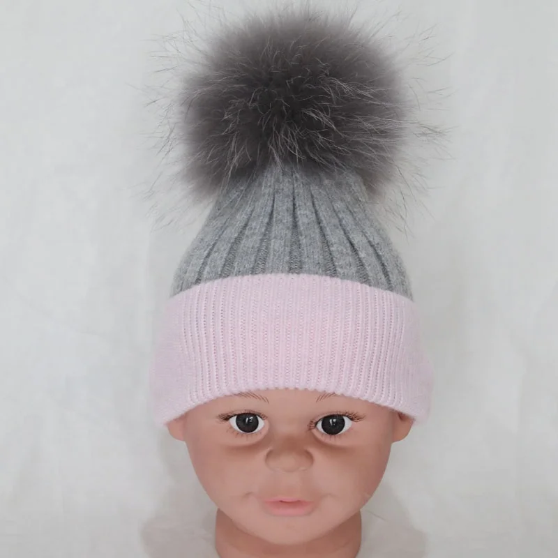 Baby soft winter fur bobble hats removable raccoon fur ball angora hats bi color children knitted hats
