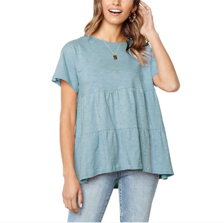 
Wholesale Summer Pleated Loose casual Wide women shirts Short Sleeved Cool Clothing women blouses and tops 