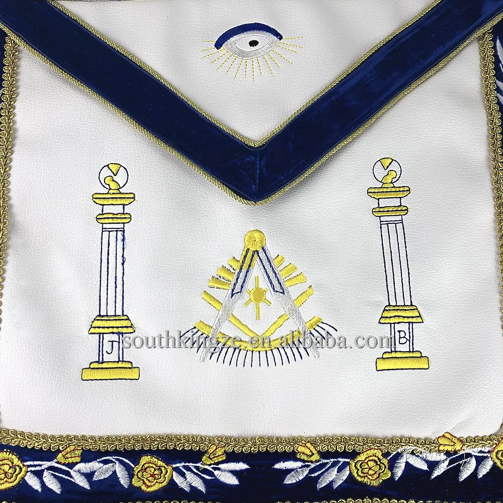 
In Stock Embroidered Freemason Regalia Masonic Past Master Leather Apron With Velvet And Golden Tassels 