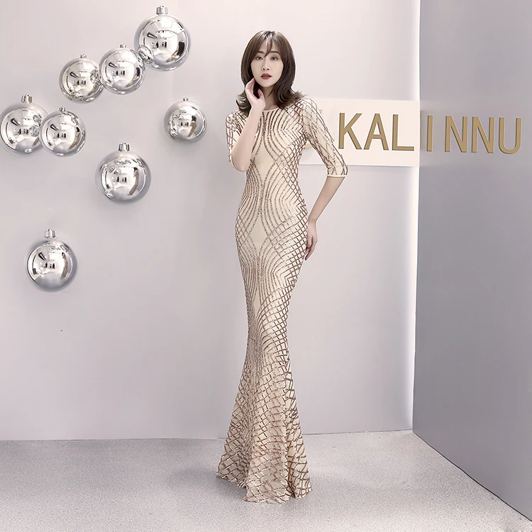 16001#European and American Classical Fashion Long Sleeve Pearl Fillet Fishtail Evening Dress Banquet Dress  bobtail; evening we