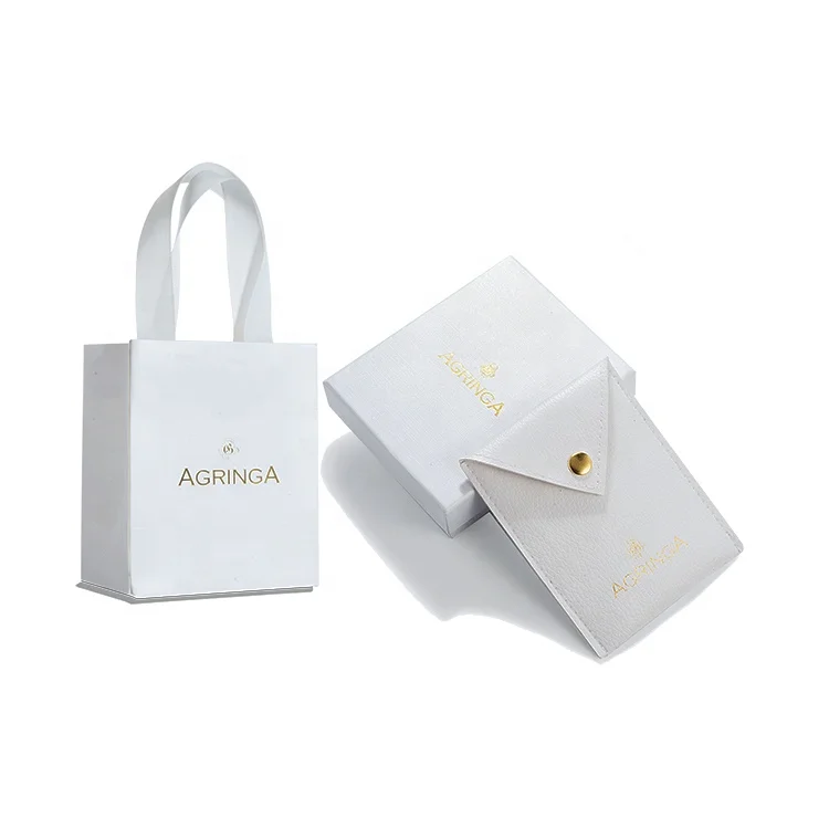 Custom logo printed Golden button closure bag luxury white envelope flap gift jewelry pouch leather with box