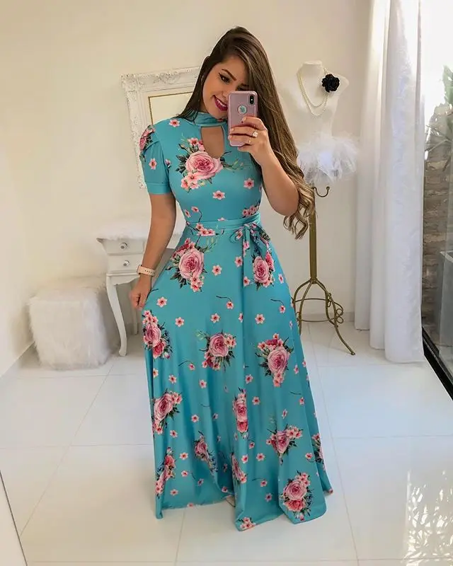 Women Long Maxi Dress 2019 Summer Floral Print Boho Style Beach Dress Casual Short Sleeve Bandage Party Dress Vestidos Plus Size