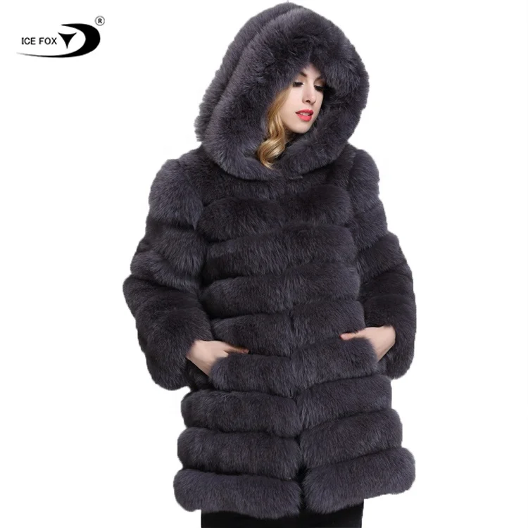 2022 Custom Design Pattern Logo Fashion Long Black Fur Coat Winter Women Faux Fox Fur Coat with Hood