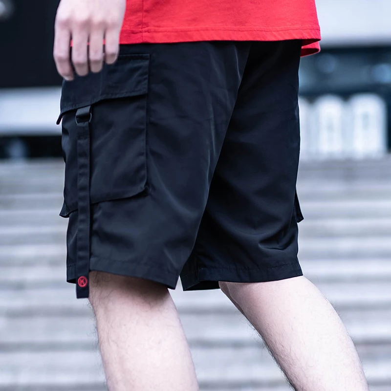 Killwinner solid color 100 polyester overalls men summer casual loose printed ribbon multi pockets cargo shorts