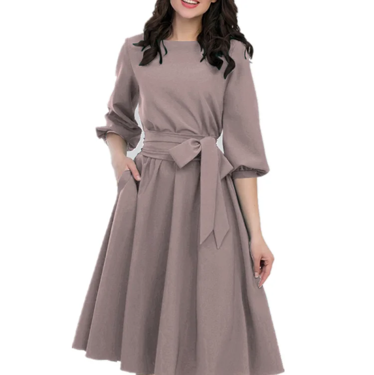 
Solid Color Round Neck Slim Vintage Dress Casual Elegant Vintage Evening Dress 