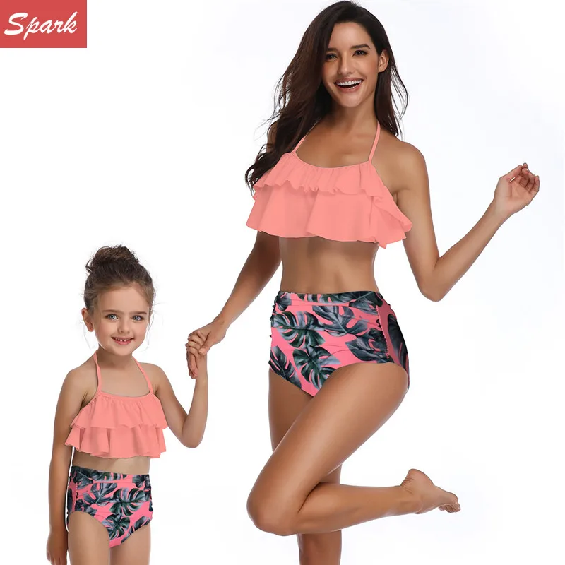 Mommy and me swimwear lovely baby girl kids children one piece rabbit bikini swimsuit long sleeve for