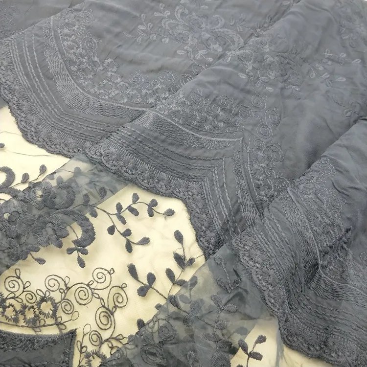 Elegant pakistani fabrics black tulle lace fabric for robe embroidery