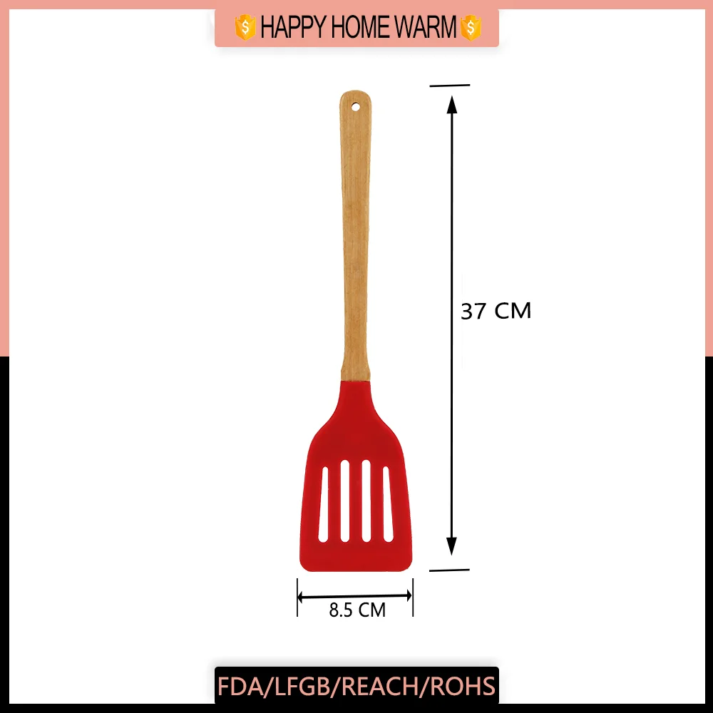 Silicone Heat resistant slotted turner with wood handle