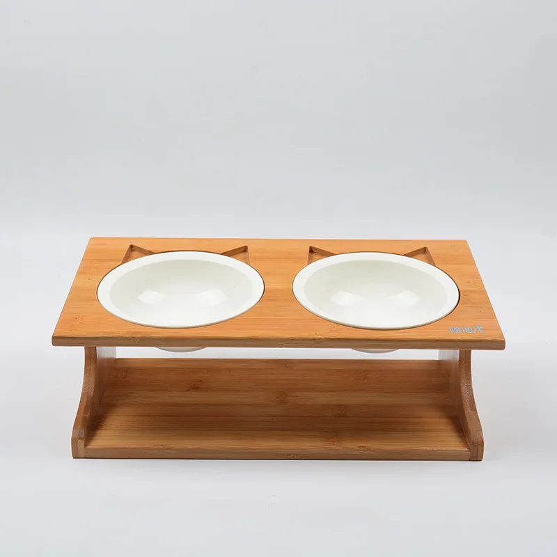 High Quality Bamboo Incline Cat Bowls With Two Ceramic Bowl Raised Cat Food Bowl