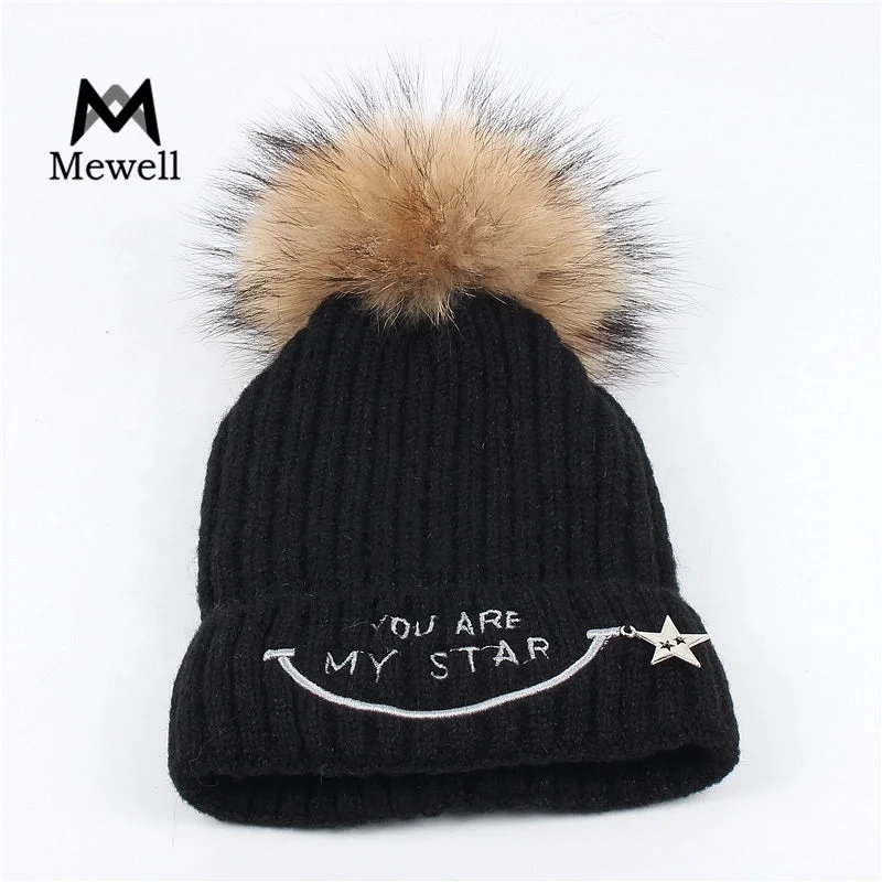Children's Ski Hat with Crochet Pom Real Fur Winter Children's Hat