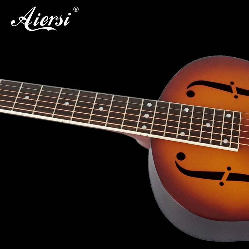 China Aiersi Brand Vintage Sunburst Colour Bell Brass Single Cone Duolian Style bluegrass metal body Resonator guitar blue music