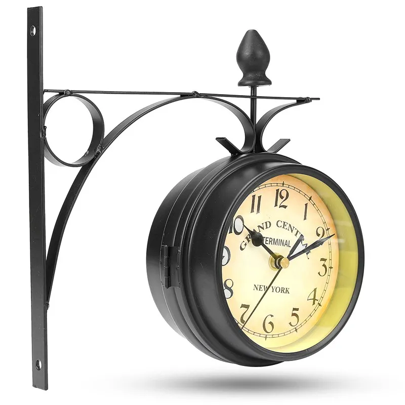 Garden Vintage Retro Home Decor Metal Frame Glass Dial Cover Charminer Double Sided Wall Mount Station Clock