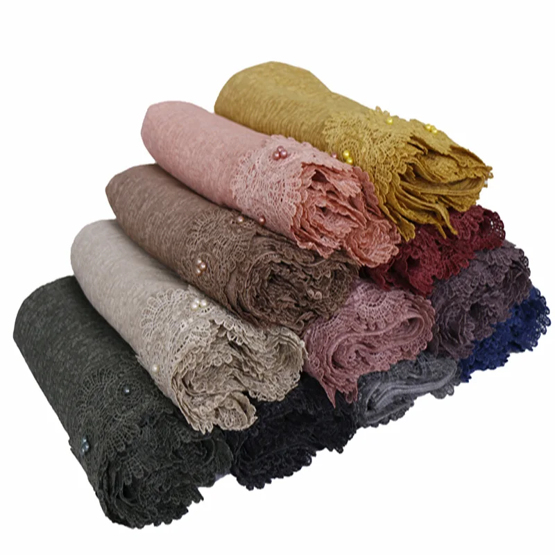 new style Muslim cotton scarf beautiful pearl lace jersey head hijab scarf for ladies and women 0419026