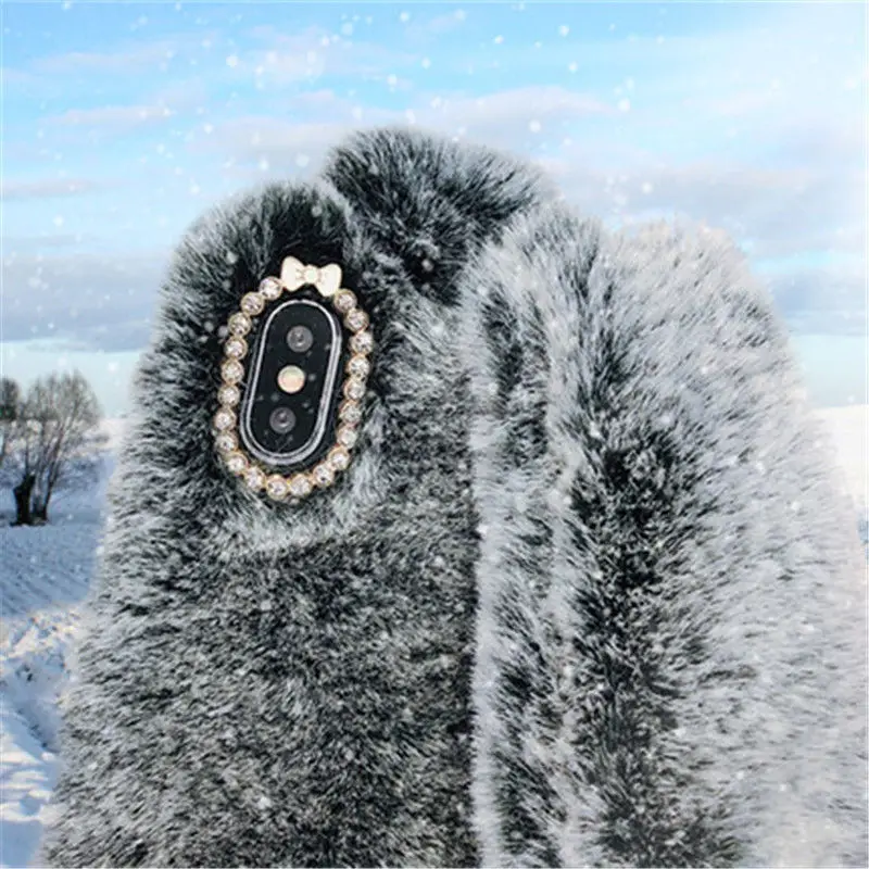 Winter Warm fluffy Bunny rabbit fur long ears tail sot tpu silicone Phone Cover case For iPhone 6s 7 8 Plus Xs 11 pro max xr
