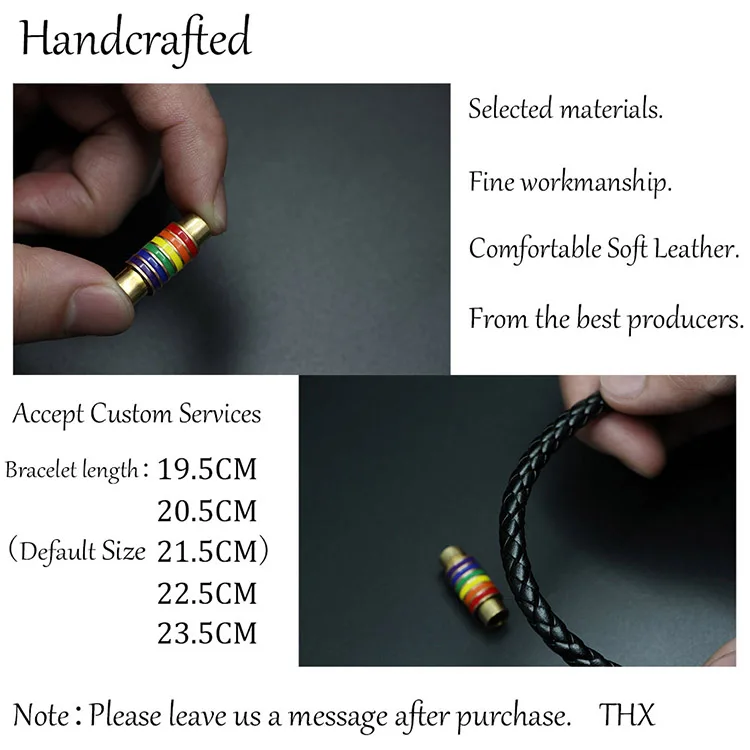 Genuine Braided Leather Bracelet Custom Women Men Stainless Steel  Rainbow Magnetic Clasp Charms Bracelet Gift Gay Pride Black B