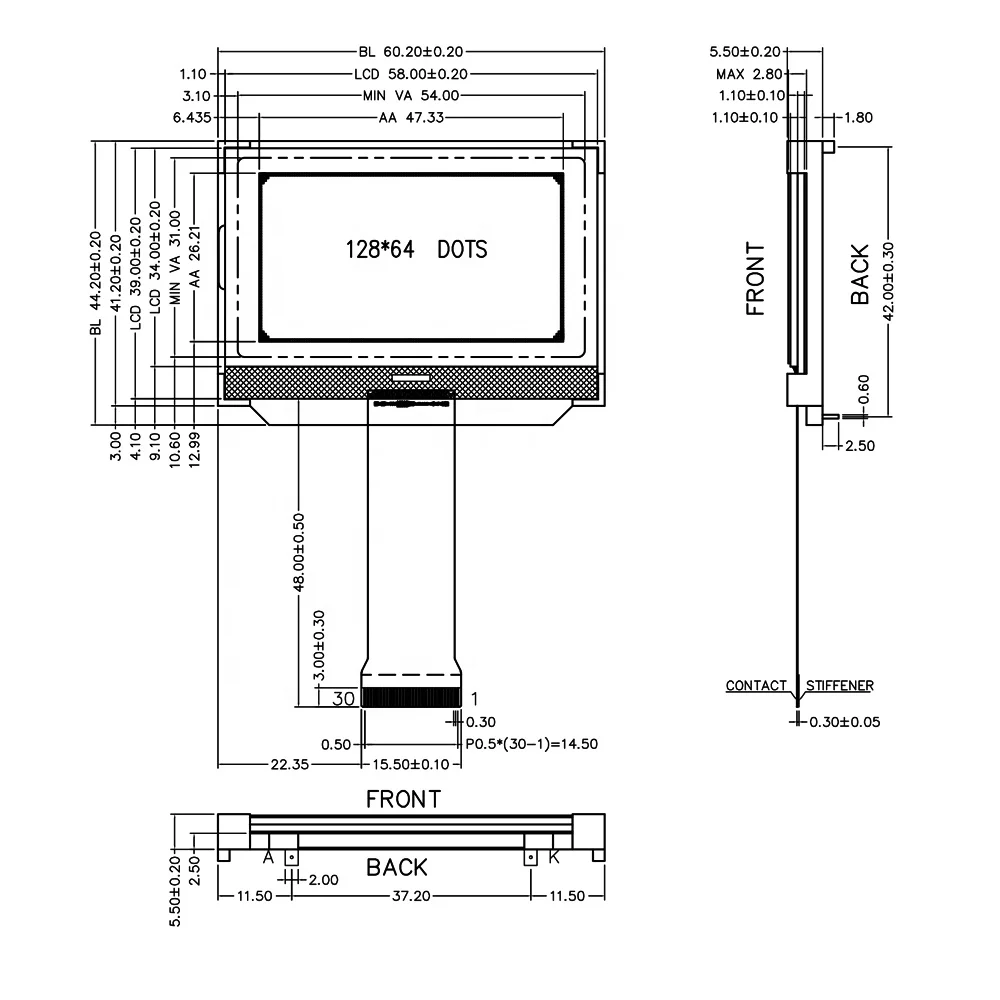 TCC(12864181) 30 pin 8-bit parallel interface fstn st7565 128x64 lcd cog display