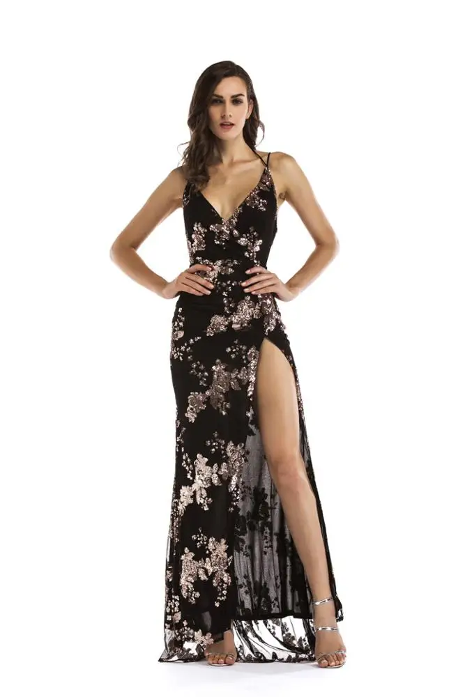 Женское платье на бретельках, длинное вечернее платье с глубоким V-образным вырезом и блестками, сексуальное платье на лето