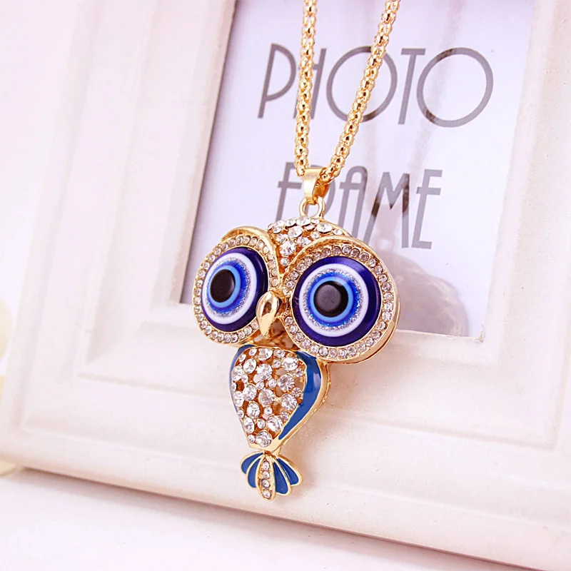 Fashion Charms Rhinestone Cute blue  Eye  Diamond Crystal Big Owl Necklaces&Pendants Sweater Chain Jewelry