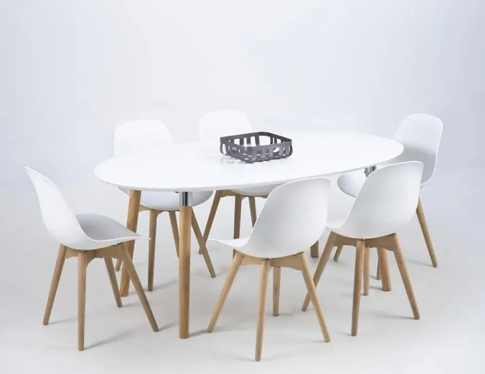 Modern Nordic White Oval MDF board Top Leisure Dinning Dining Room Table With Solid Wooden Legs