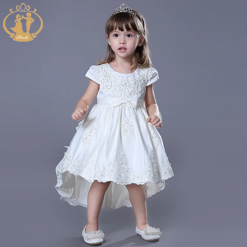 Nimble Beading Embroidered Baby Dresses Satin Long Tail Child Baby Dress Model For Party 1-4years Children Clothes Girls Dresses