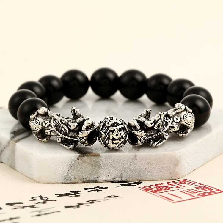 Wholesale High Quality Antique Silver Feng Shui Lucky Pixiu Bracelet Obsidian Beads Cuff Bracelet for Men Women
