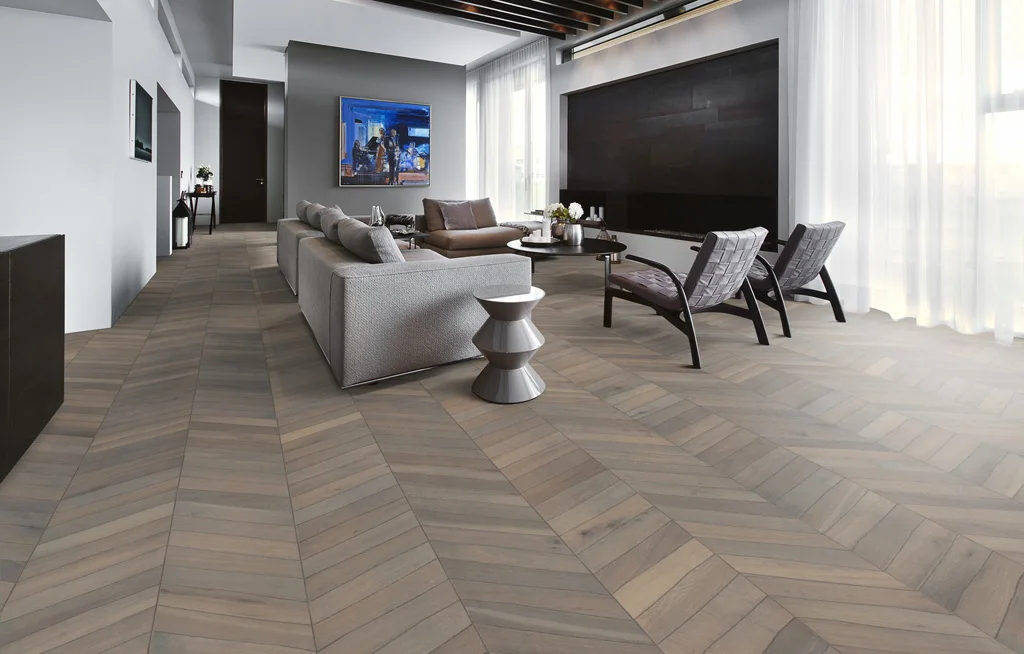 FUDELI CHEVRON Industrial Fishbone Oak Engineered Wood Parquet Flooring Chinese Online Technical Support More Than 5 Years