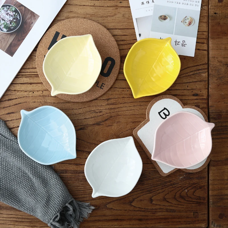 Оптовая продажа керамика лоток Симпатичные Закуски Блюдо Творческий лист форма фарфоровая бульонная чашка вечерние