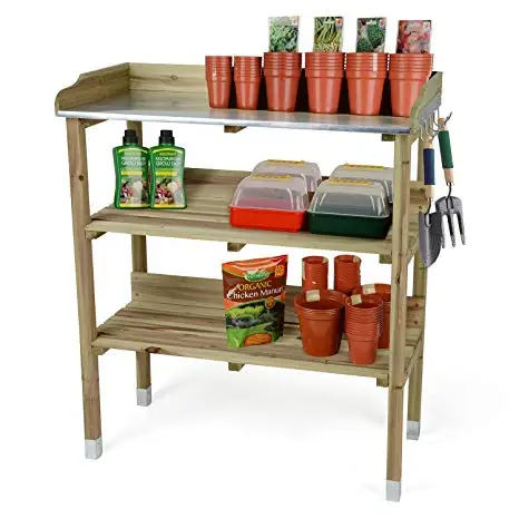 Galvanized potting bench metal potting bench weather resistant cypress wood garden potting table bench with metal