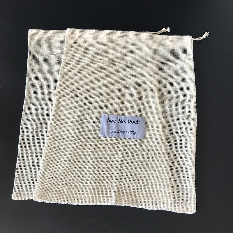 Customized Label Acceptable 30x40cm drawstring Natural Cotton net produce grocery Bags